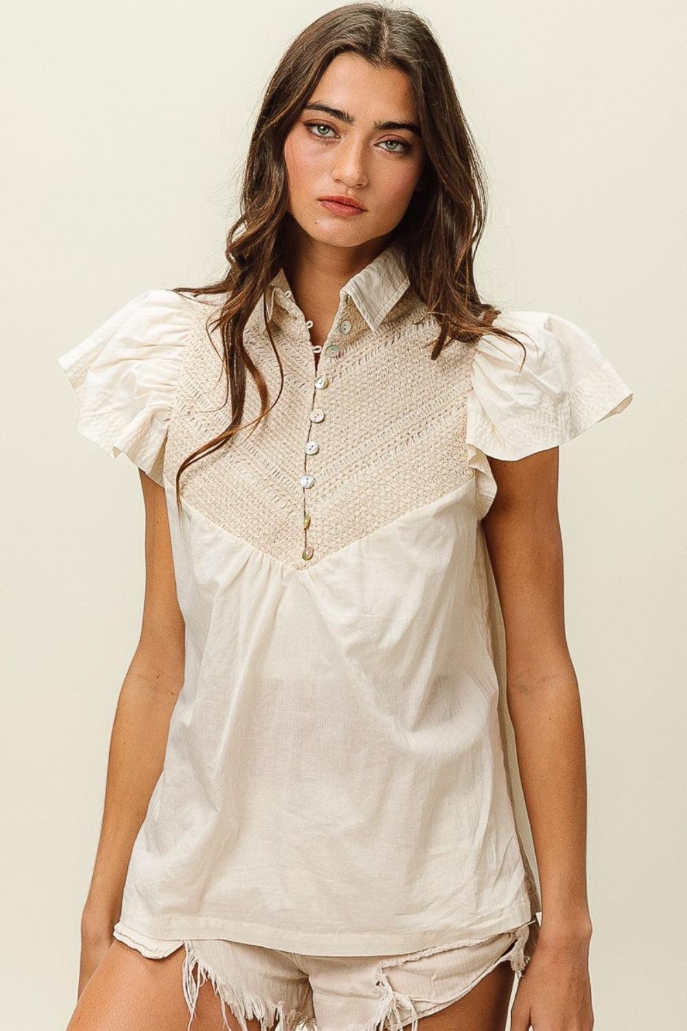 BiBi Half Button Collared Neck Short Sleeve Top Carauana Store