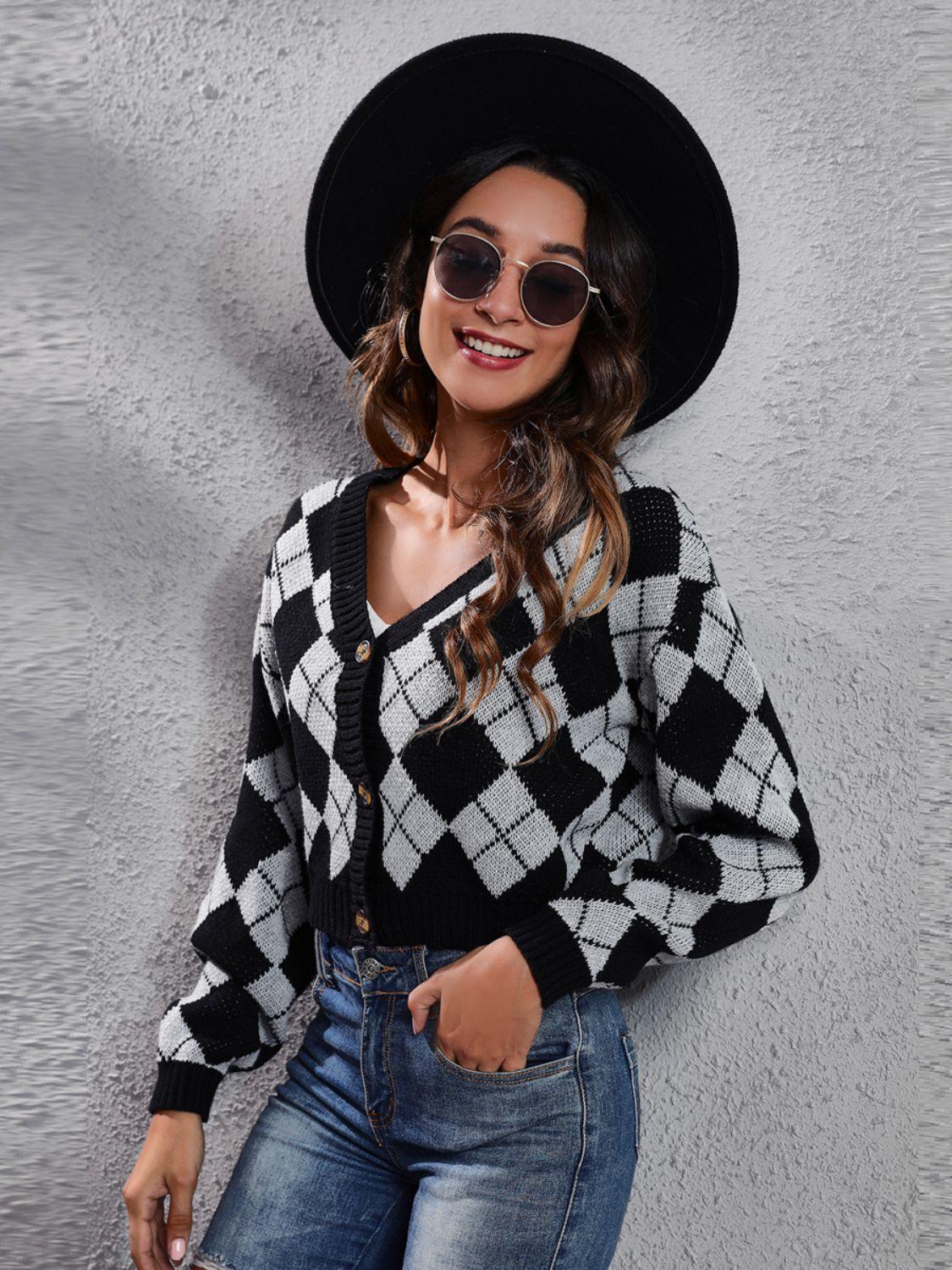 Geometric Button Up Long Sleeve Cardigan Carauana Store
