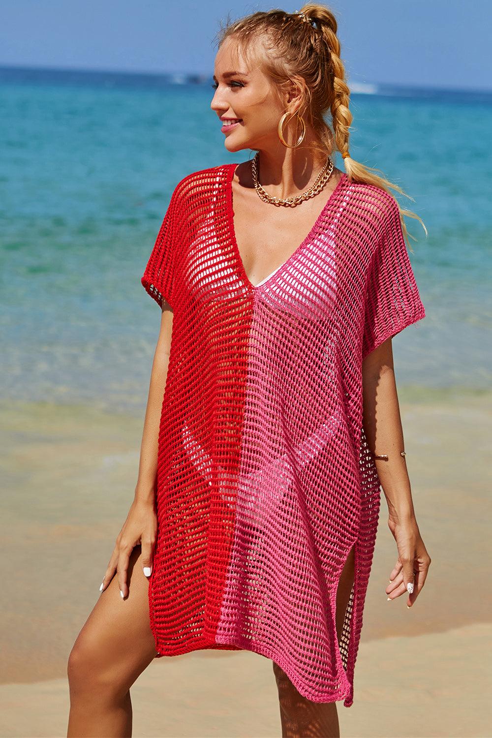 Double Take Openwork Contrast Slit Knit Cover Up Carauana Store