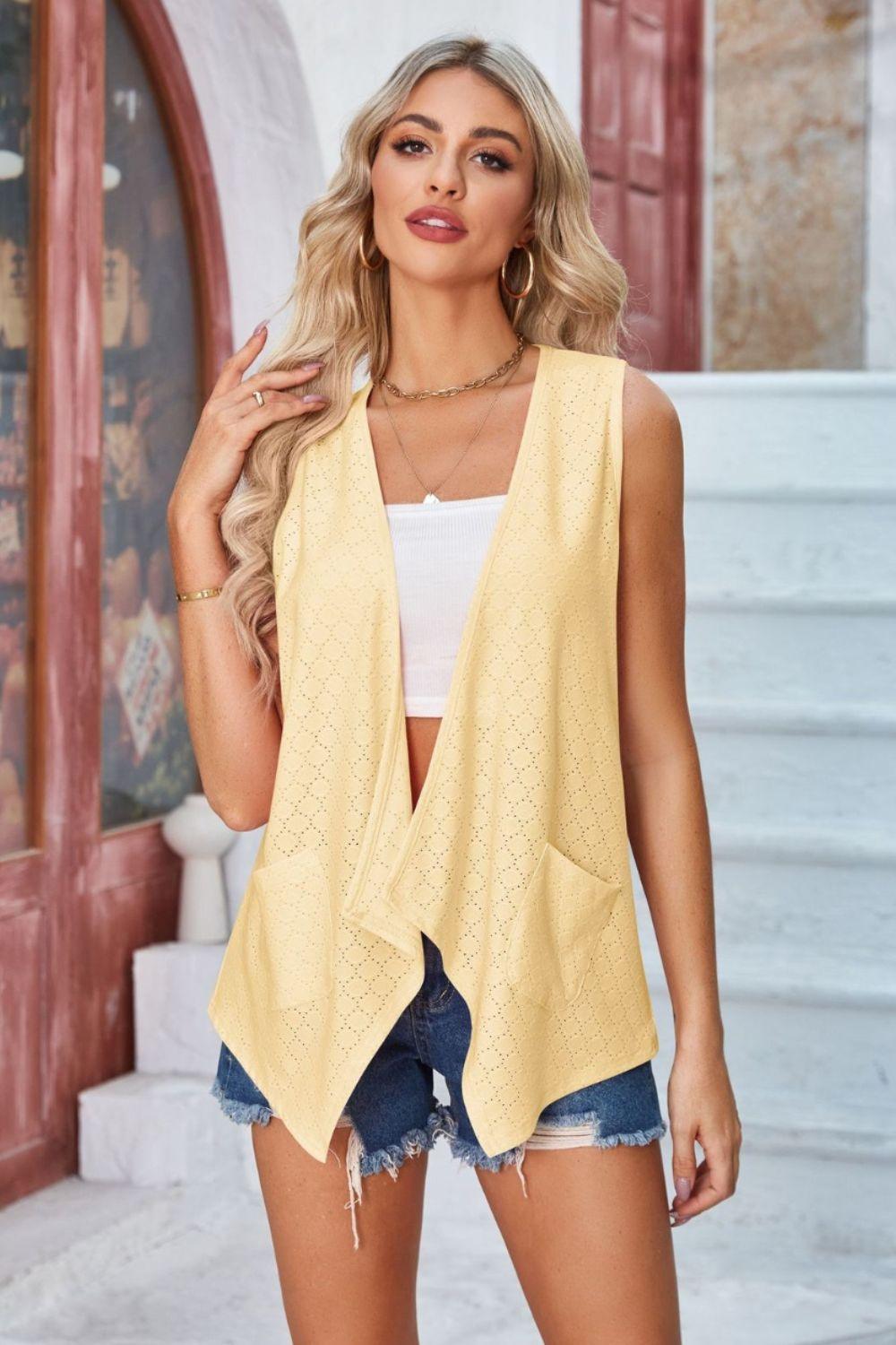 Eyelet Open Front Sleeveless Cardigan Carauana Store