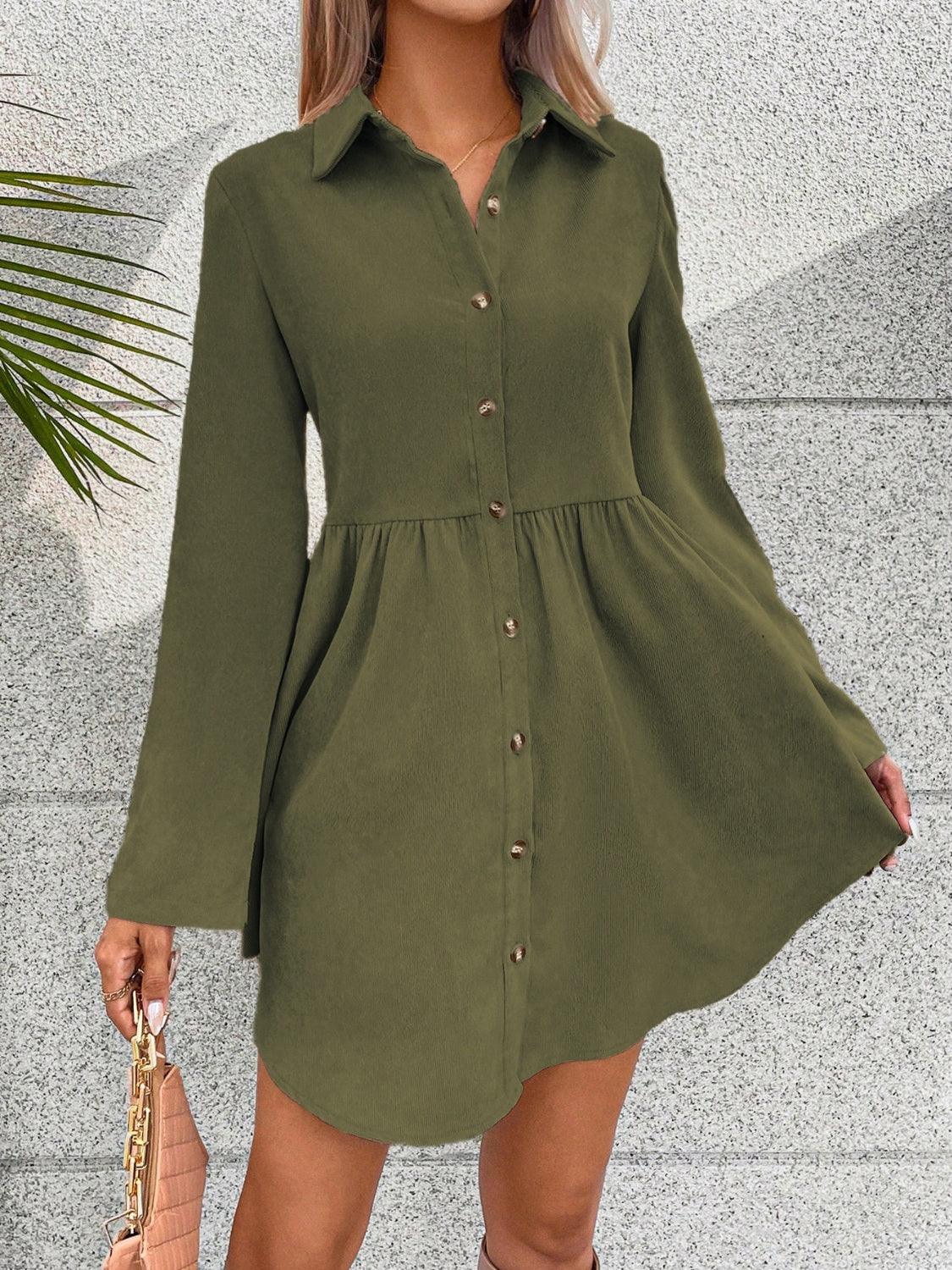 Button Up Collared Neck Long Sleeve Dress Carauana Store