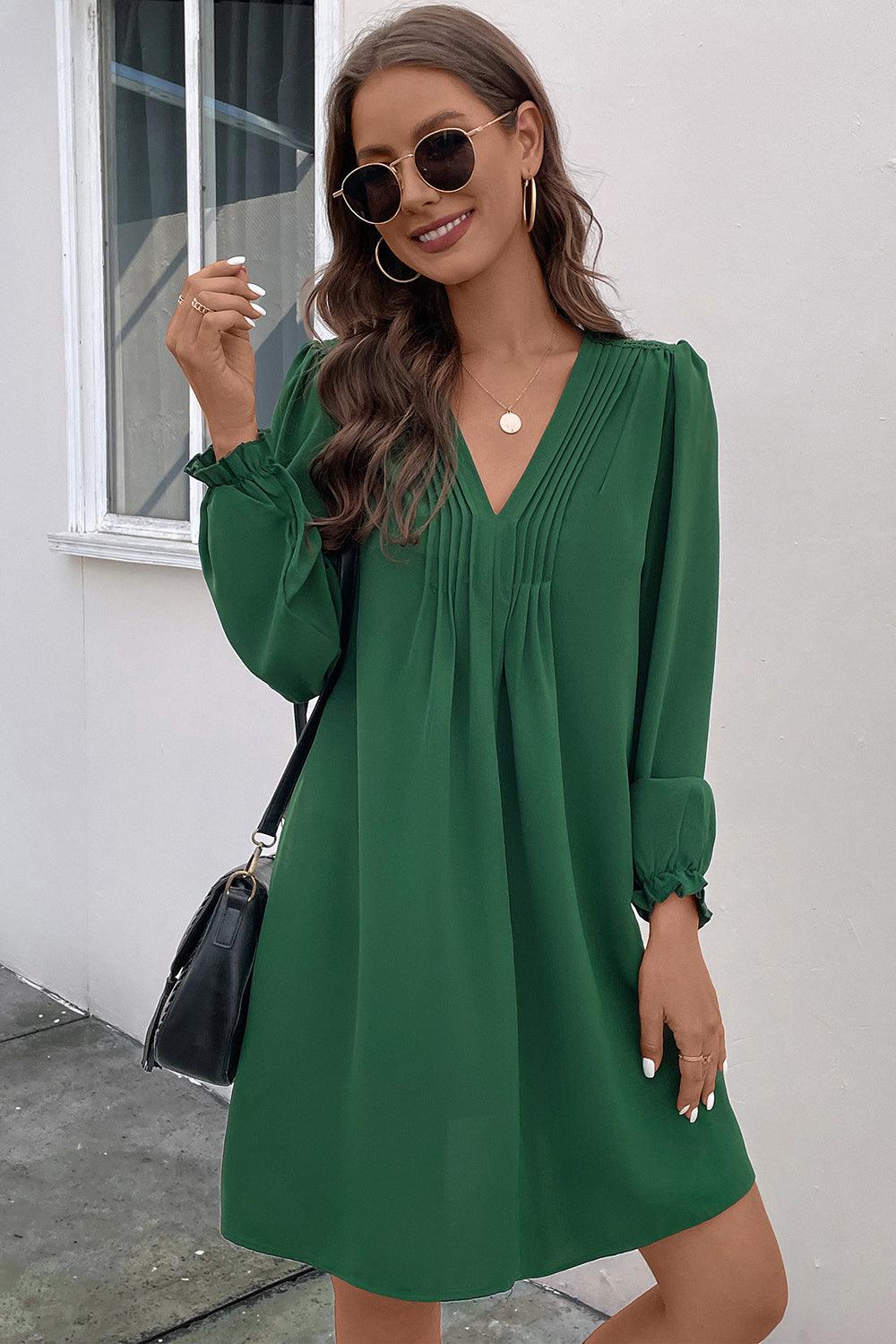 Ruched V-Neck Flounce Sleeve Dress Carauana Store