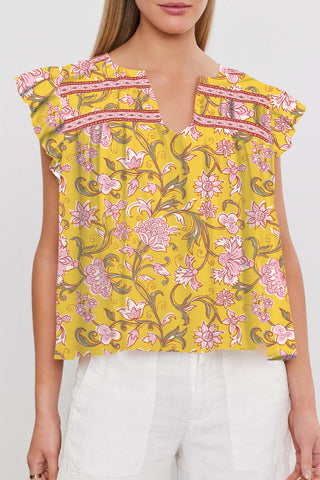Yellow Floral Notched Neck Ruffled Sleeve Casual Blouse