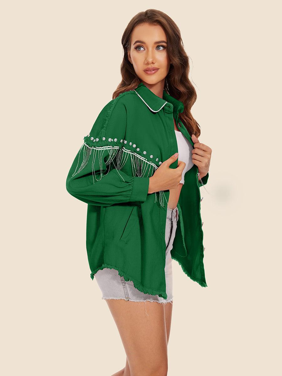 Raw Hem Fringe Detail Denim Jacket Carauana Store