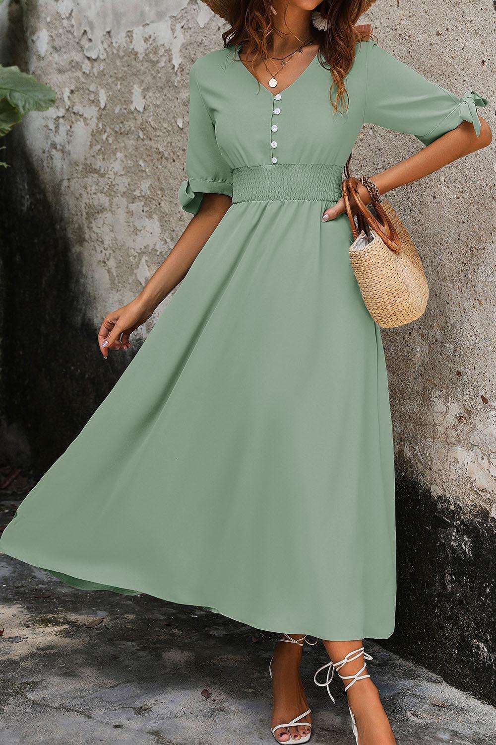 Smocked Quarter Button Short Sleeve Dress Carauana Store