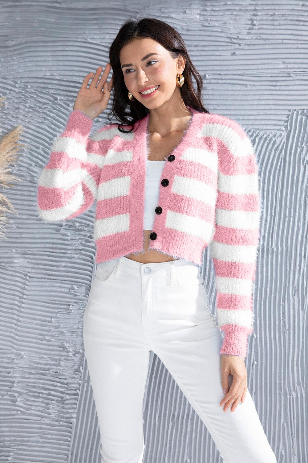 Striped Button Up Cropped Cardigan Carauana Store