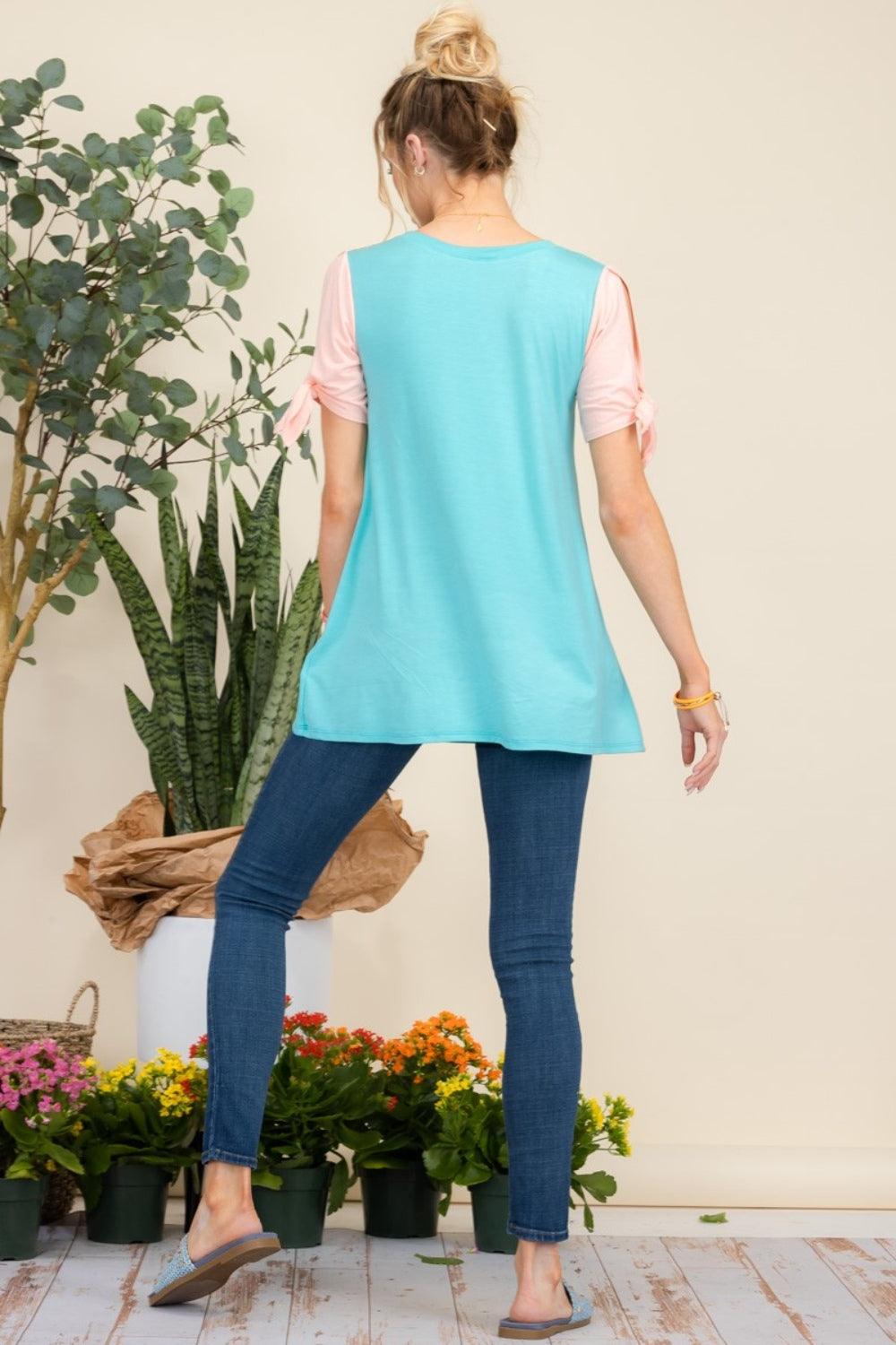 Celeste Full Size Open Tie Sleeve Floral Contrast Top Carauana Store