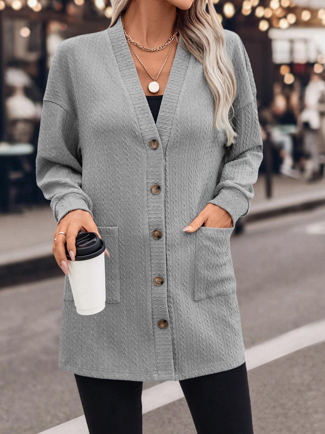 Textured Button Down V-Neck Long Sleeve Cardigan Carauana Store