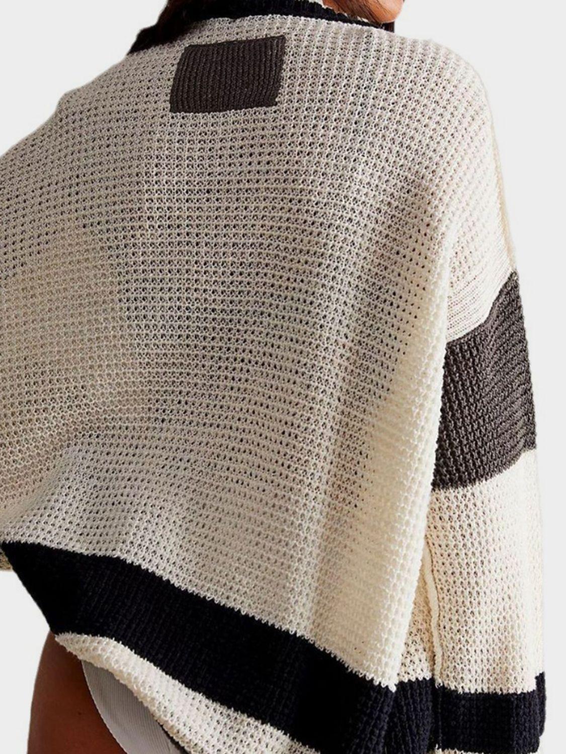 Pocketed Contrast V-Neck Long Sleeve Cardigan Carauana Store