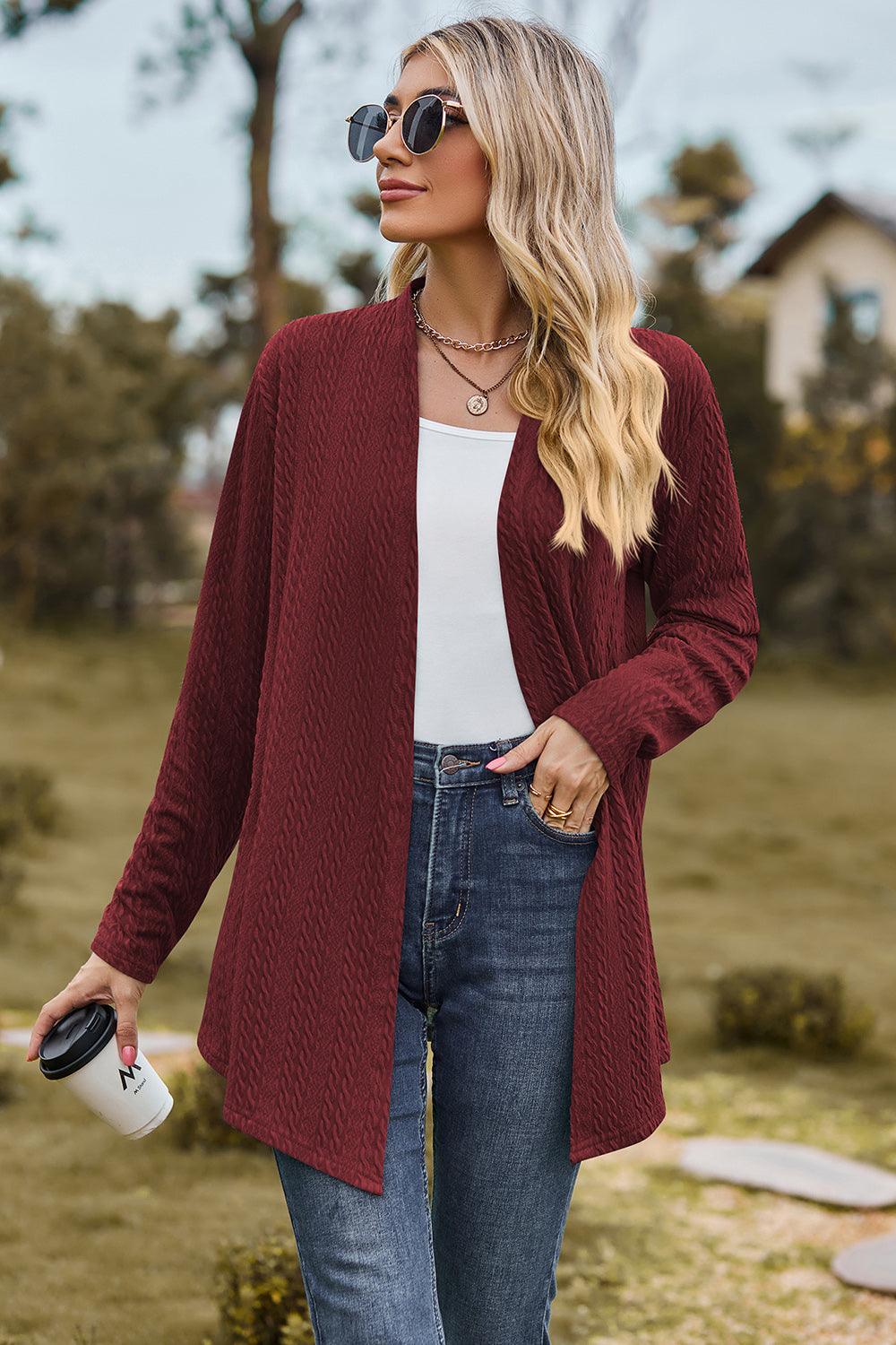 Textured Open Front Long Sleeve Cardigan Carauana Store