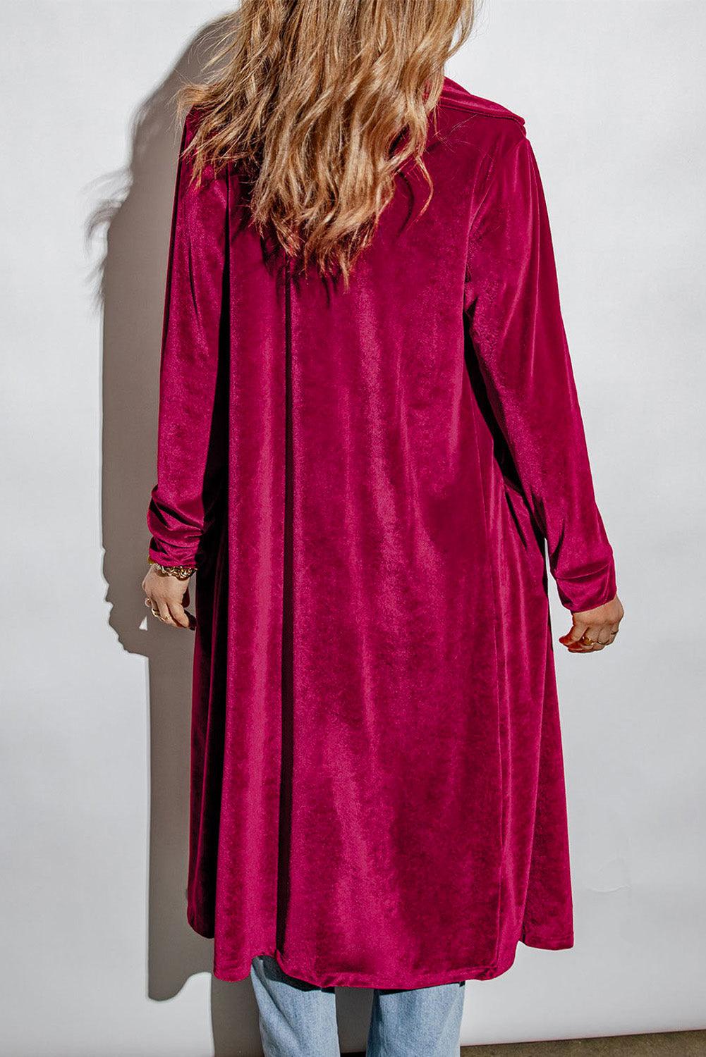 Collared Neck Longline Velvet Cardigan with Pockets Carauana Store