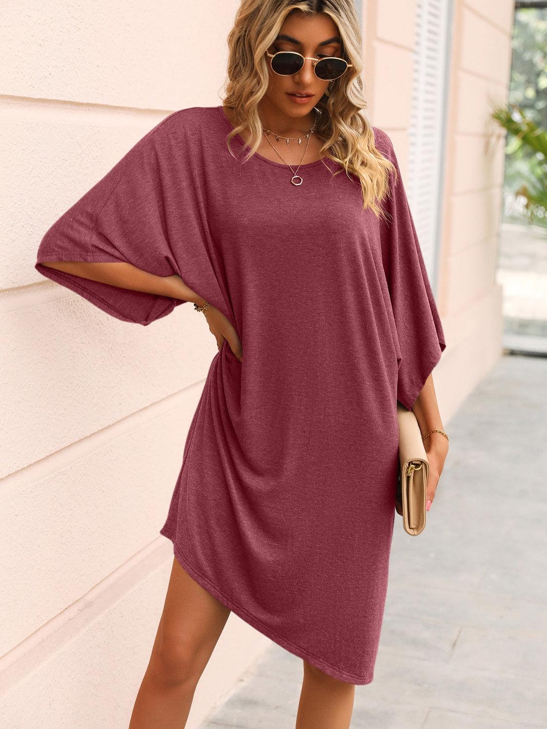 Round Neck Three-Quarter Sleeve Tee Dress Carauana Store