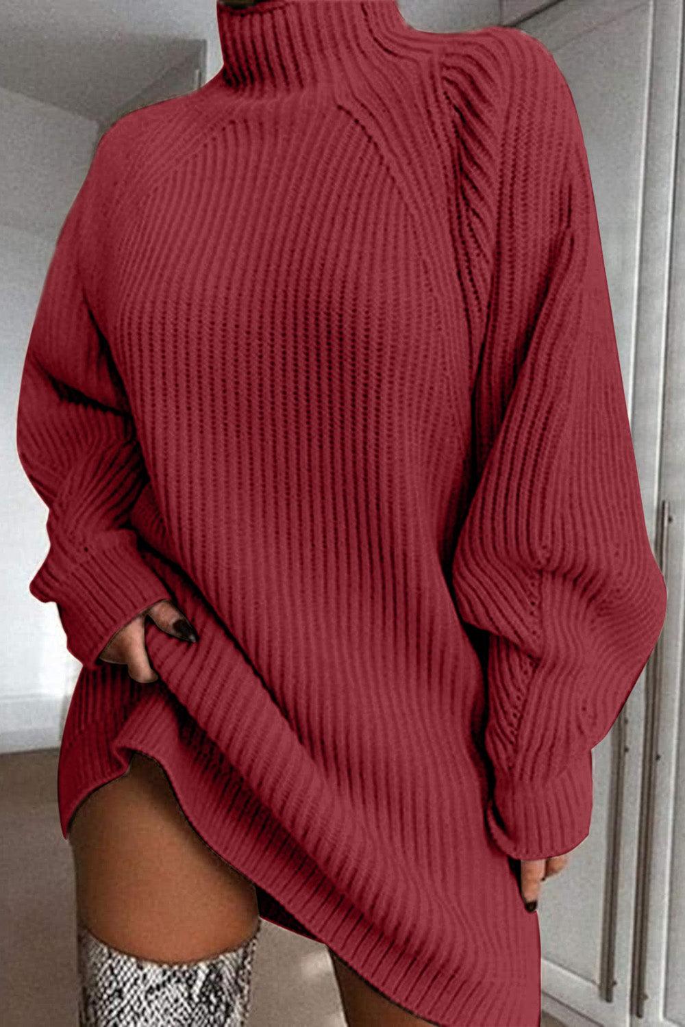 Mock Neck Dropped Shoulder Sweater Dress Carauana Store