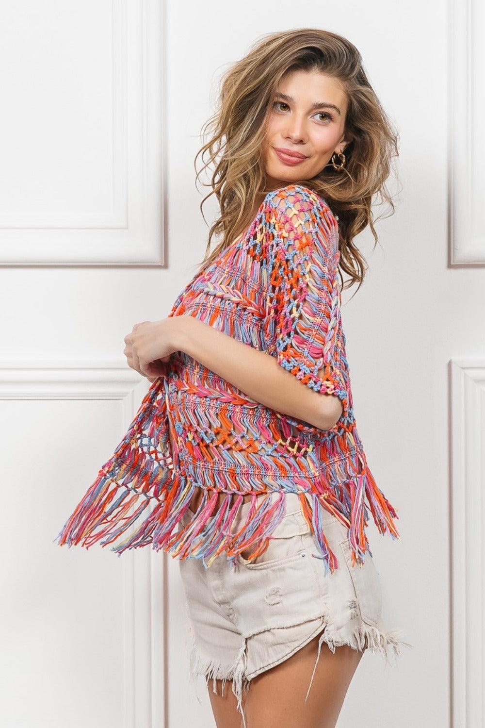 BiBi Open Front Fringed Crop Knit Cardigan Carauana Store