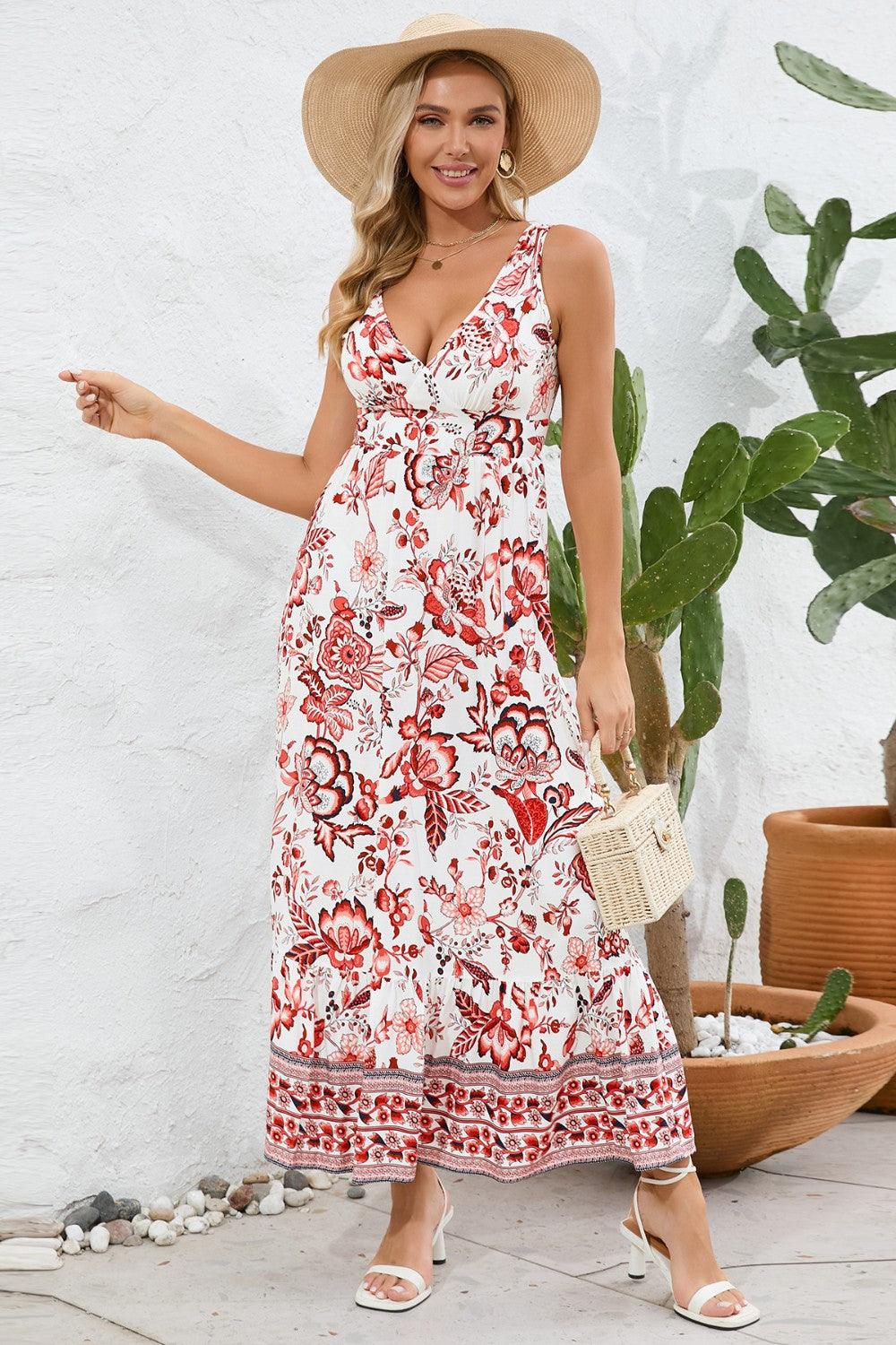 Printed V-Neck Wide Strap Dress Carauana Store