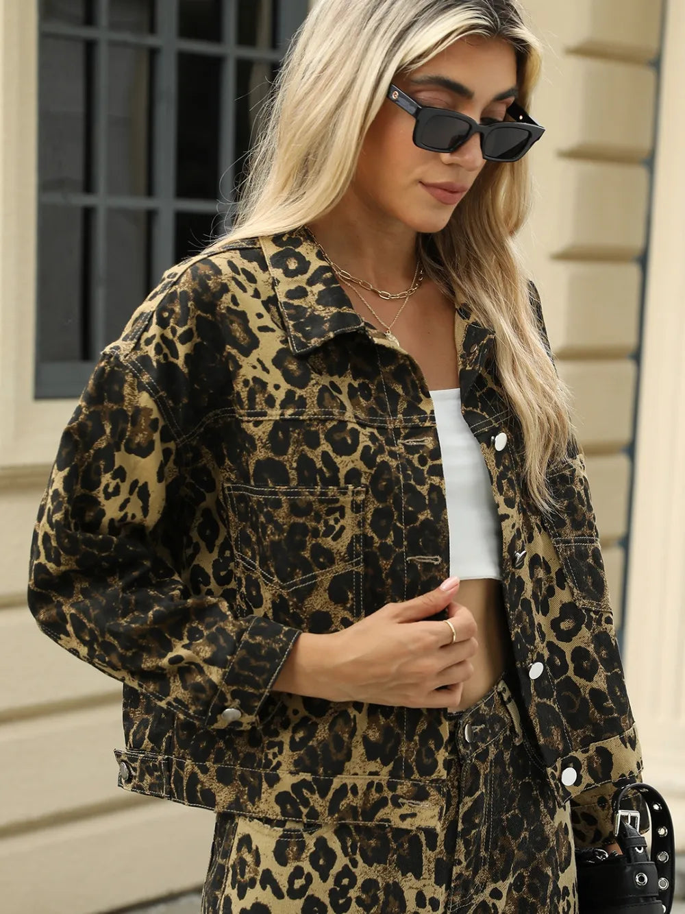 Pocketed Leopard Long Sleeve Denim Jacket Carauana Store