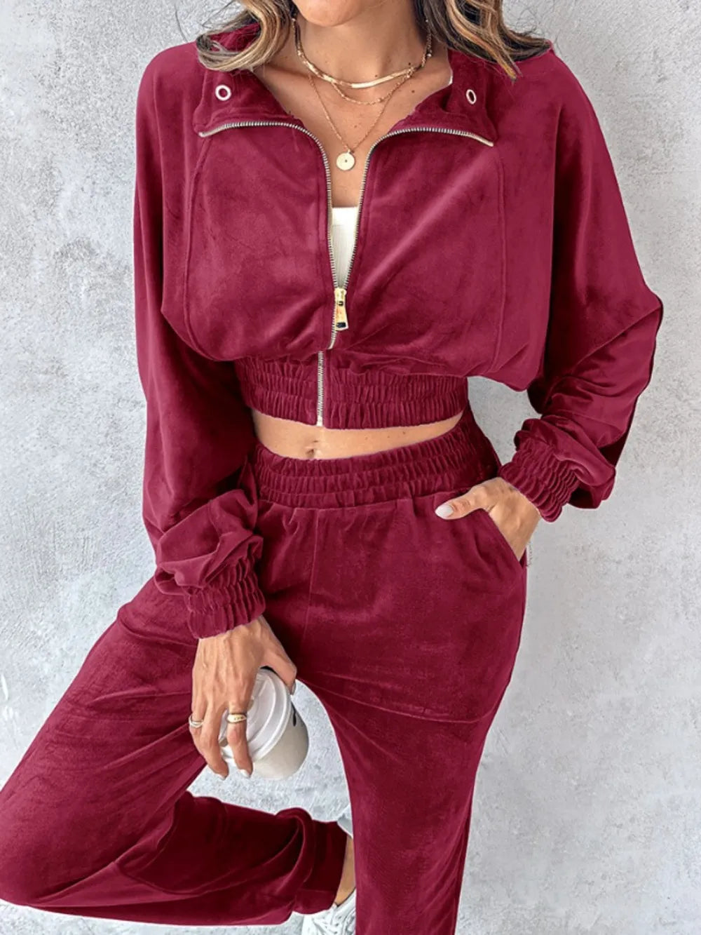 Zip Up Long Sleeve Cropped Top and Joggers Set Carauana Store