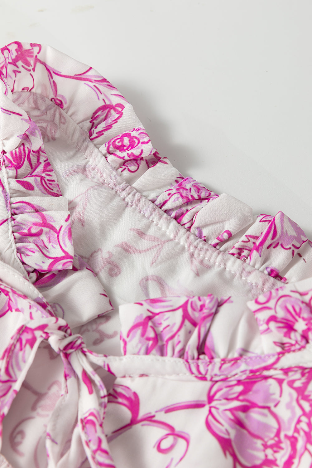 Pink Baroque Floral Ruffle Sleeve V Neck Blouse Top