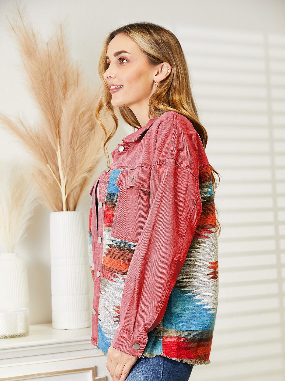 Dropped Shoulder Long Sleeve Printed Denim Jacket Carauana Store