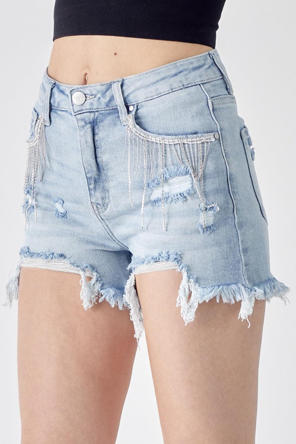RISEN Frayed Hem Denim Shorts with Fringe Detail Pockets Carauana Store