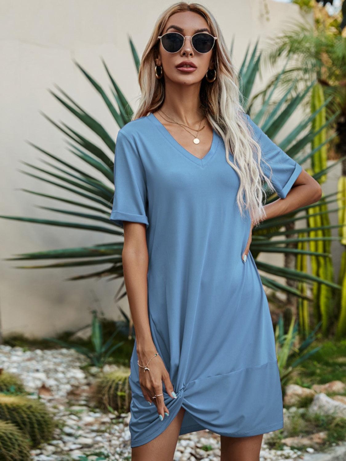 V-Neck Short Sleeve Mini Dress Carauana Store