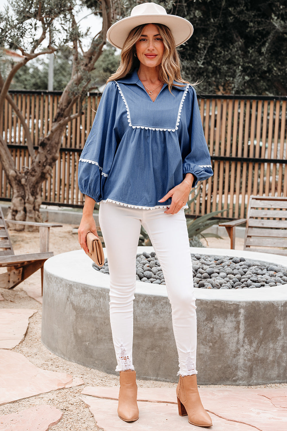 Dusk Blue Lace Ric Rac 3/4 Puff Sleeve Collared Babydoll Blouse