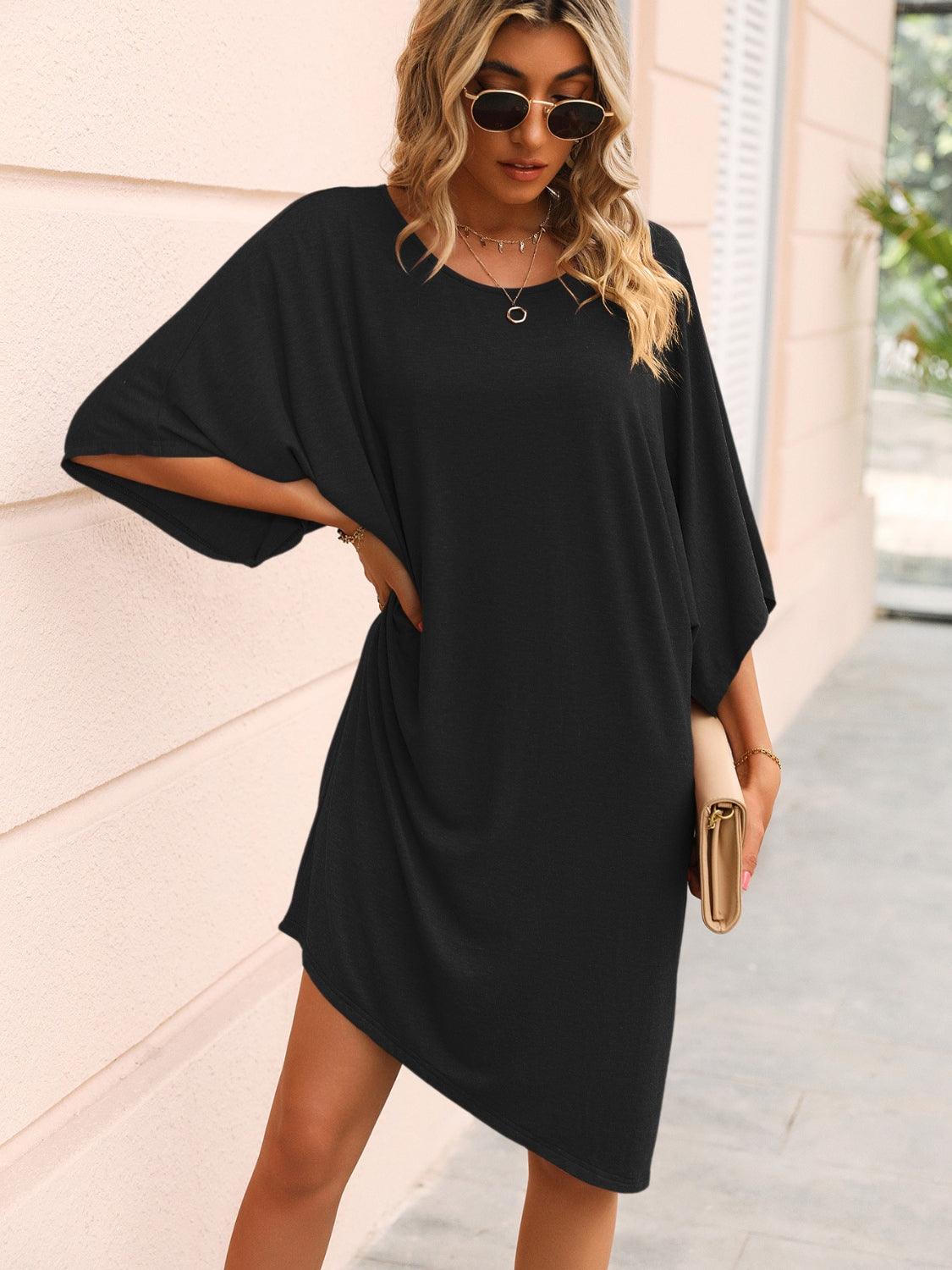 Round Neck Three-Quarter Sleeve Tee Dress Carauana Store