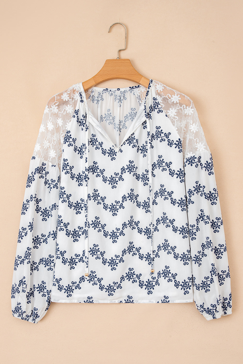 Blue Lace Patchwork Floral Bubble Sleeve V Split Neck Blouse