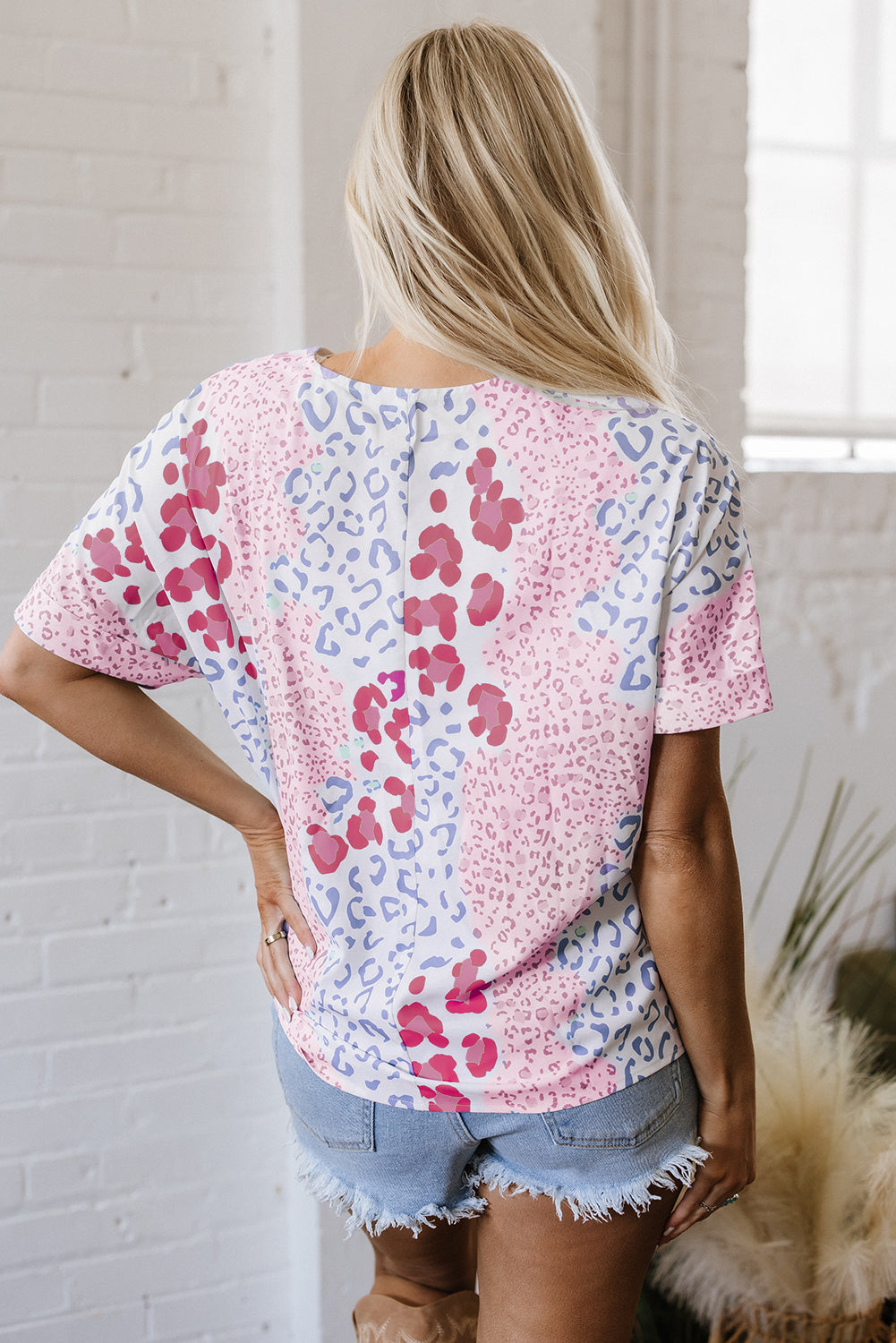 Pink Mixed Leopard Print V Neck Short Sleeve Blouse