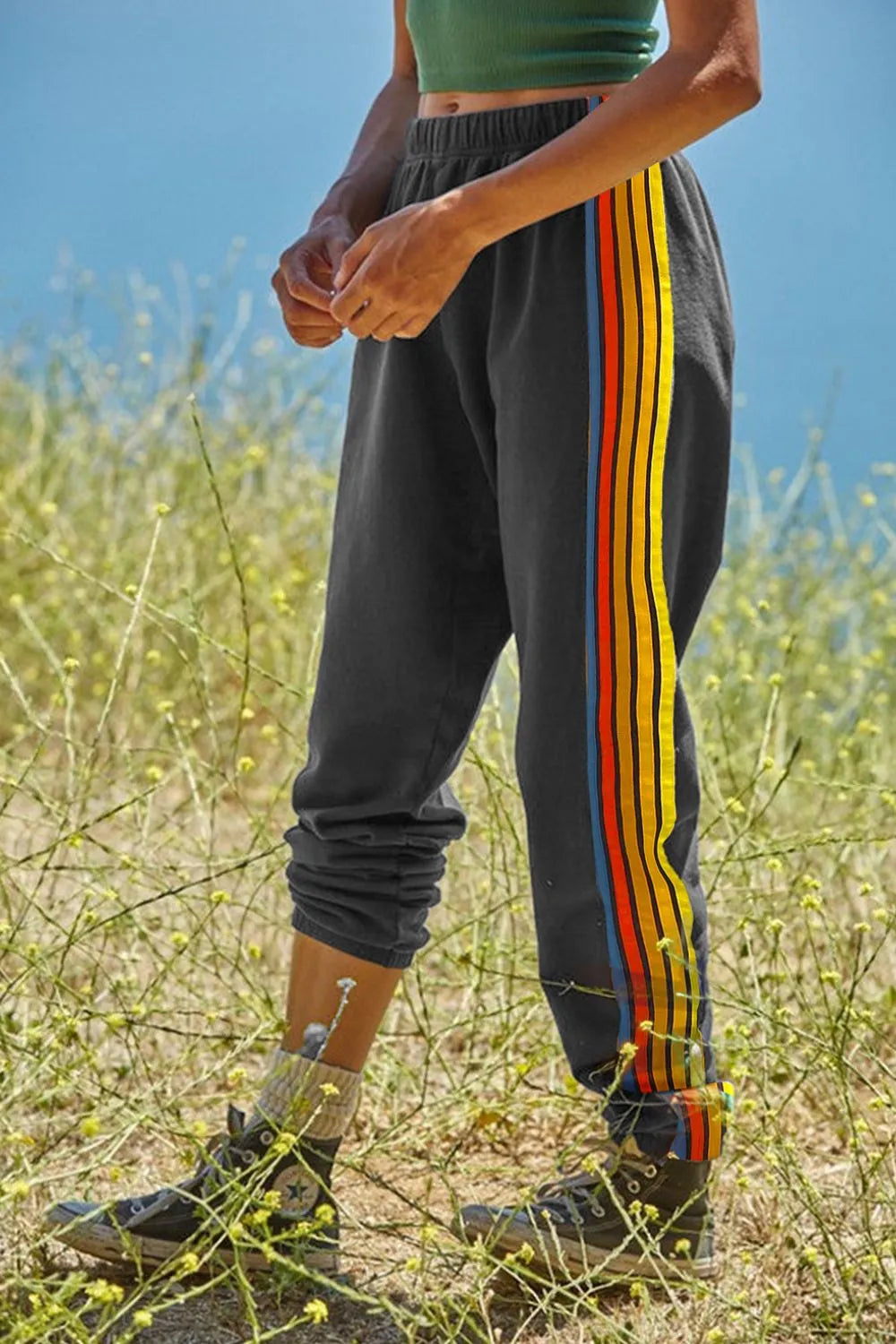 Contrast Striped Elastic Waist Active Pants Carauana Store