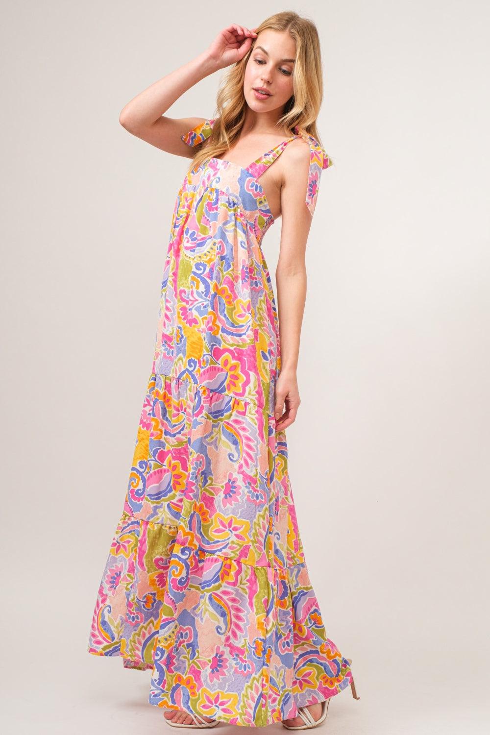 And The Why Full Size Printed Tie Shoulder Tiered Maxi Dress Carauana Store
