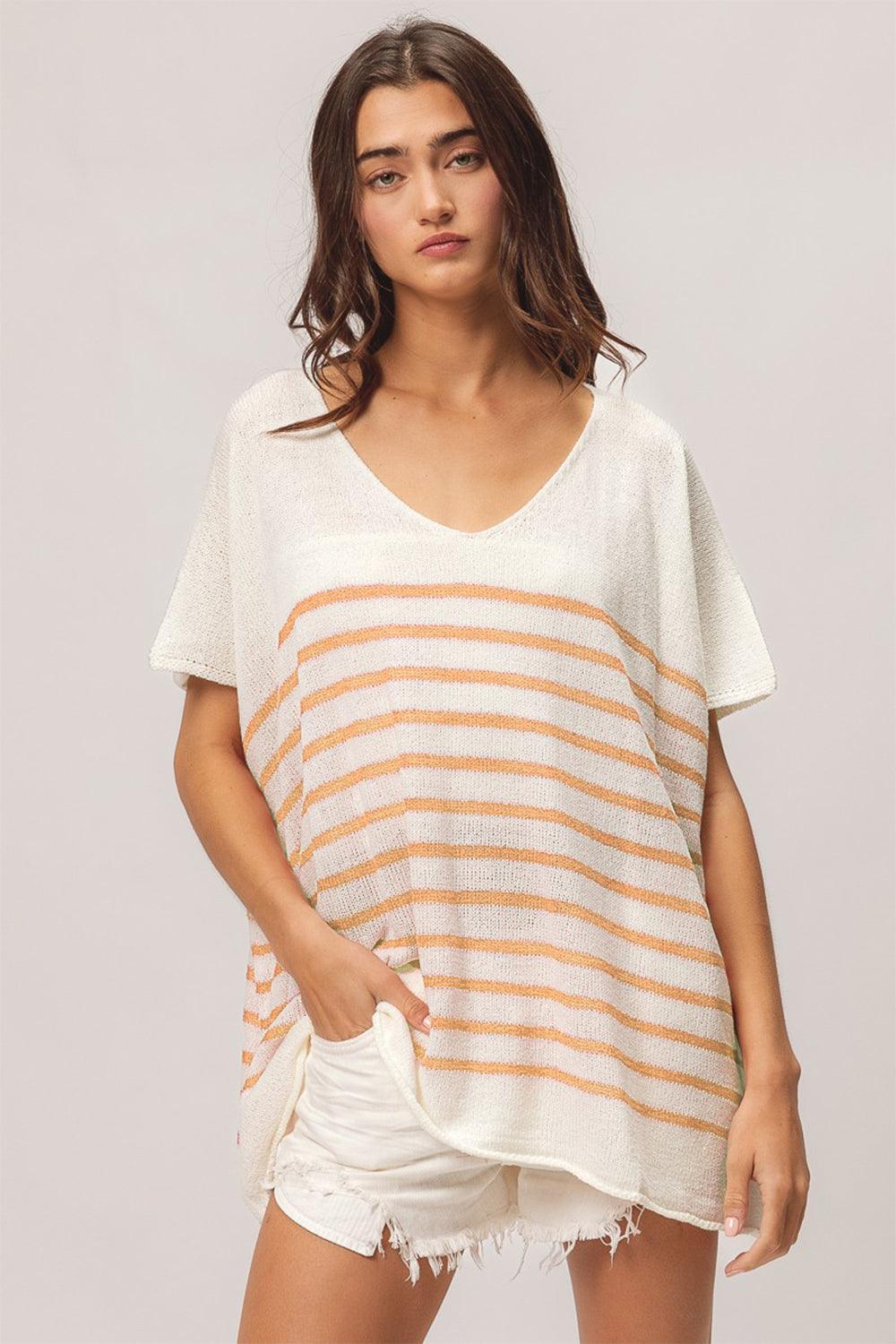 BiBi V Neck Striped Short Sleeve Top Carauana Store