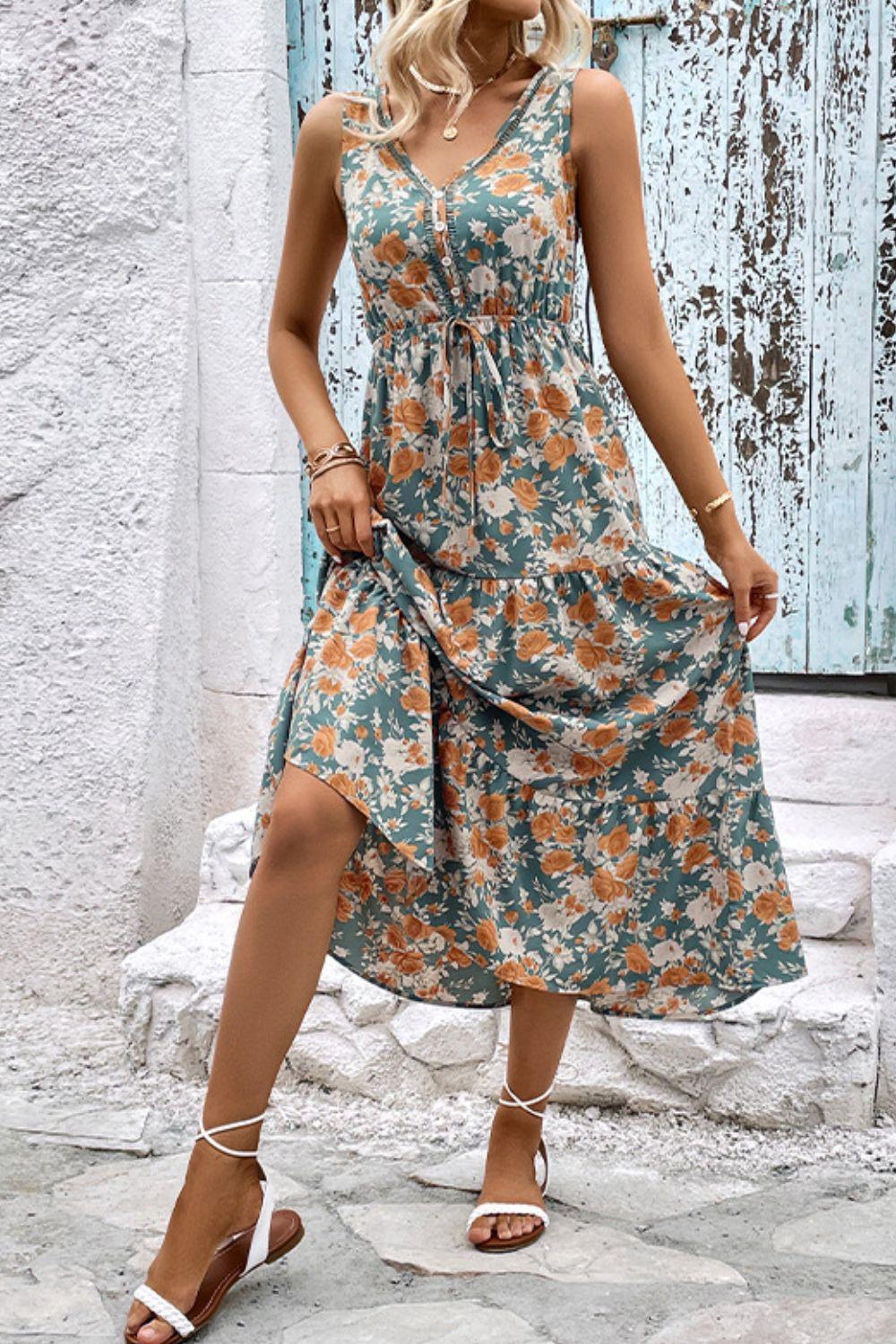 Floral V-Neck Tiered Sleeveless Dress Carauana Store