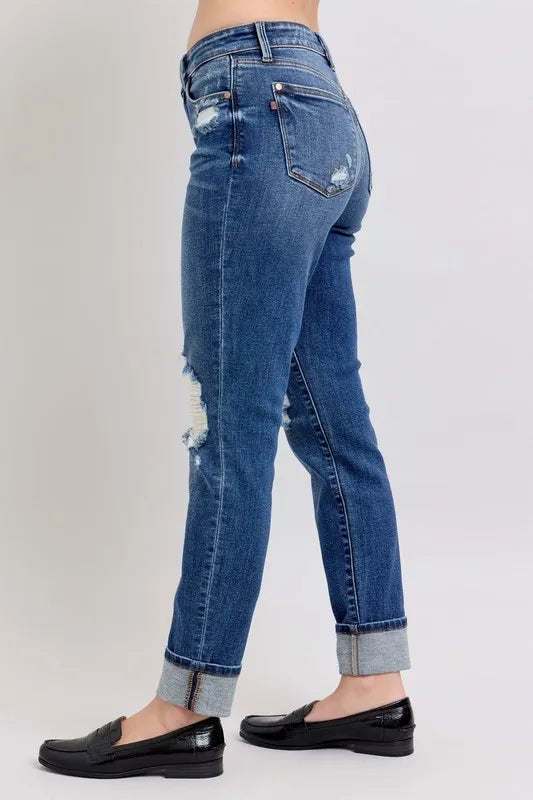 Judy Blue Full Size Mid Rise Boyfriend destroy Jeans with Yoke Pockets and Faux Selvedge Cuff Plus Size Carauana Store