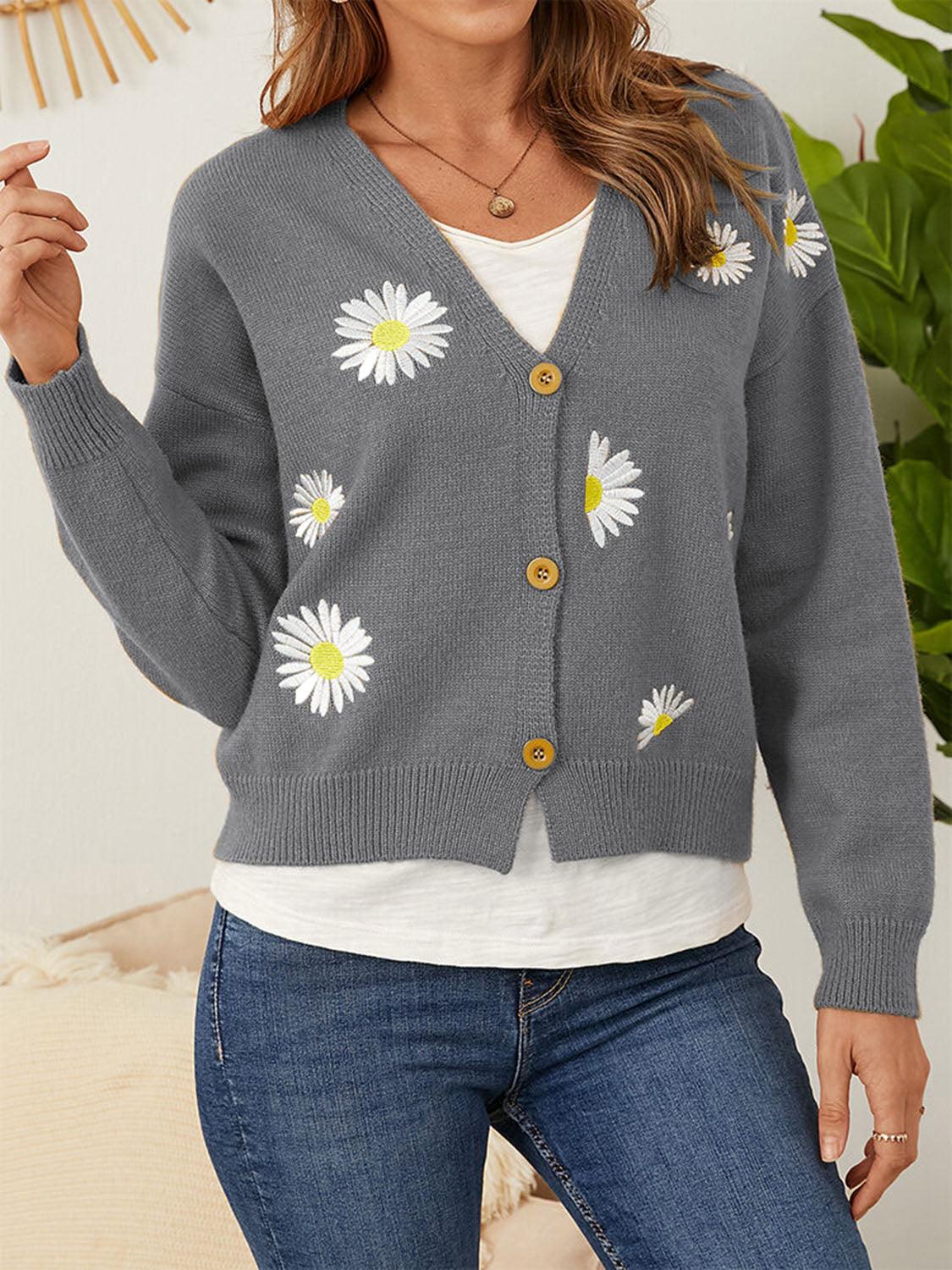 Flower Button Front Dropped Shoulder Cardigan Carauana Store