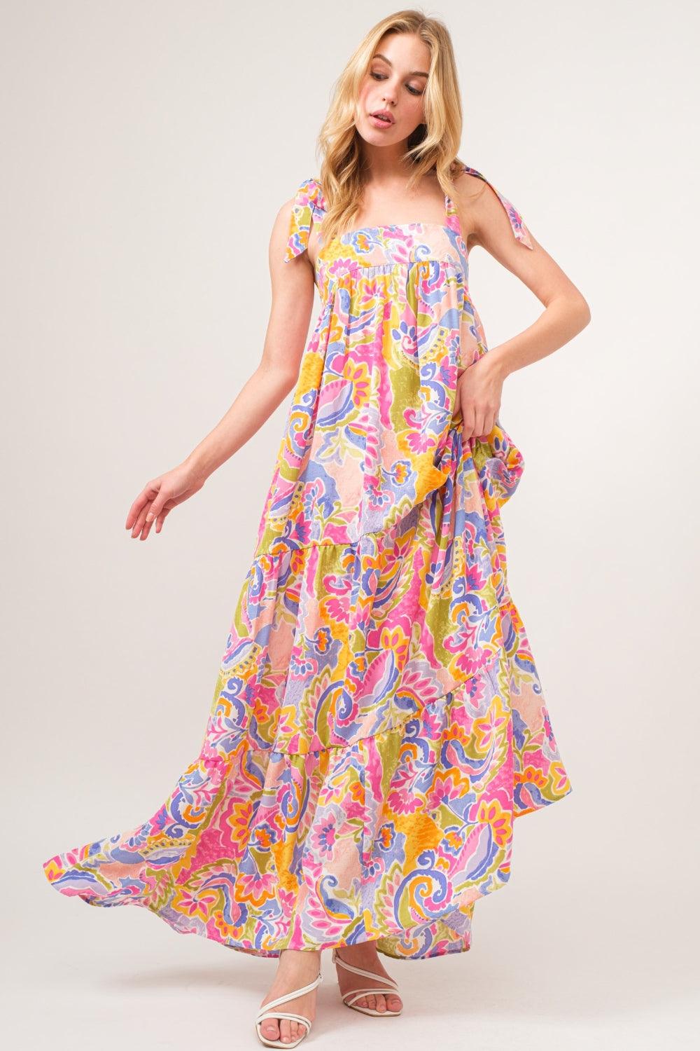 And The Why Full Size Printed Tie Shoulder Tiered Maxi Dress Carauana Store