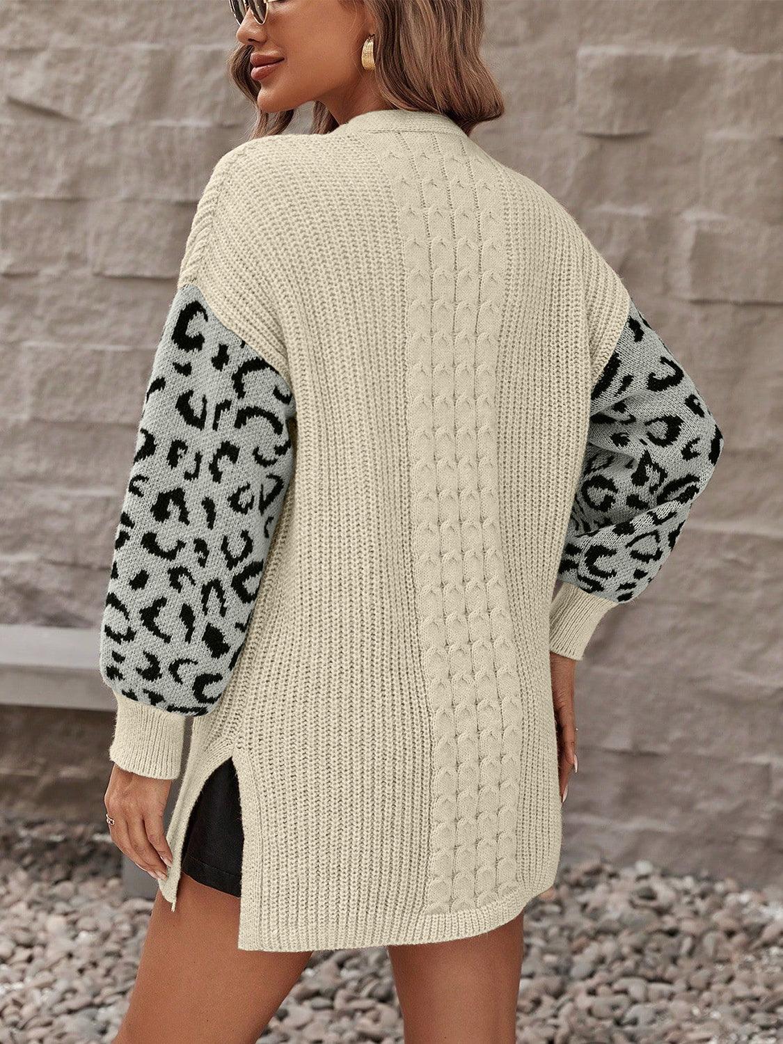 Pocketed Leopard Open Front Cardigan Carauana Store