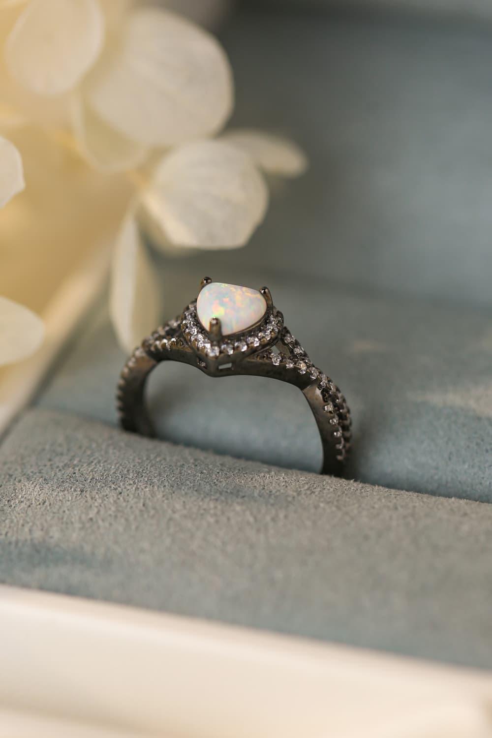 Opal Heart Black Gold-Plated Ring Carauana Store