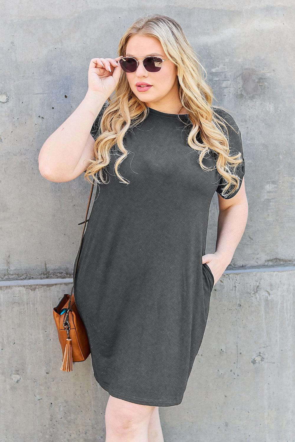 Basic Bae Full Size Round Neck Short Sleeve Dress with Pockets Carauana Store