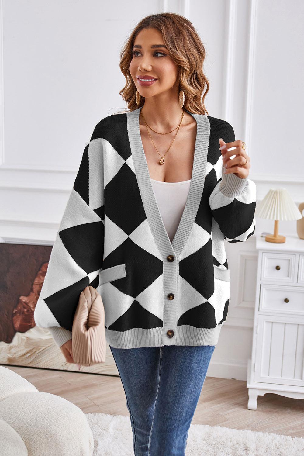 Geometric Lantern Sleeve Cardigan with Pockets Carauana Store
