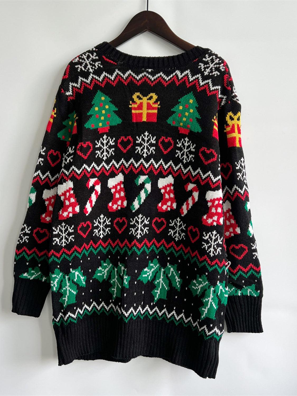 Printed Button Up V-Neck Long Sleeve Cardigan with Pockets Carauana Store