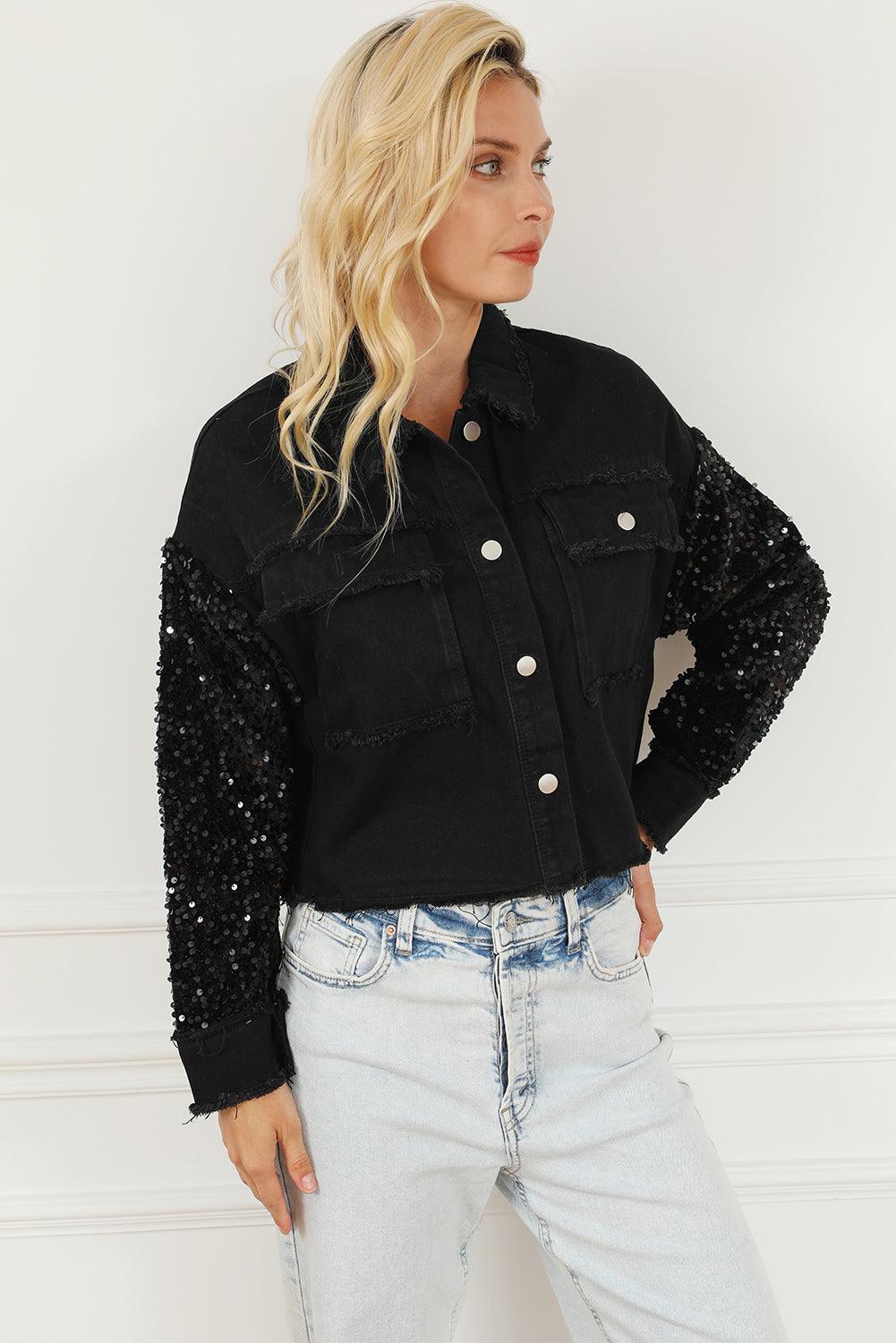 Sequin Button Up Raw Hem Denim Jacket Carauana Store
