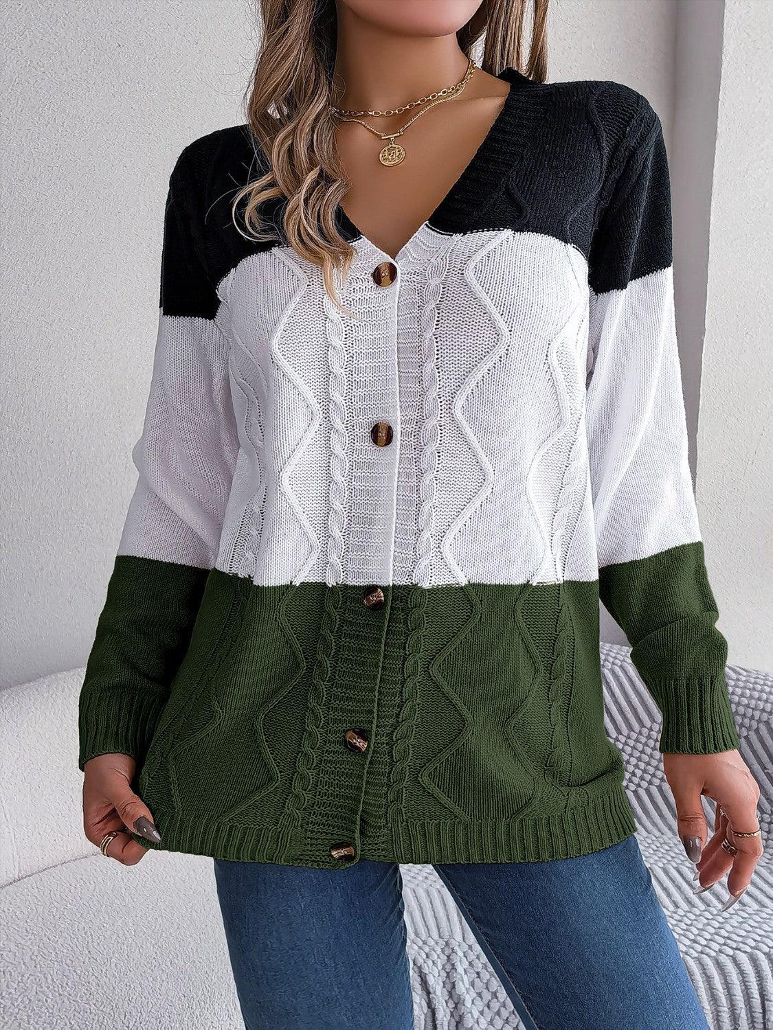 Cable-Knit Striped Button Up Cardigan Carauana Store