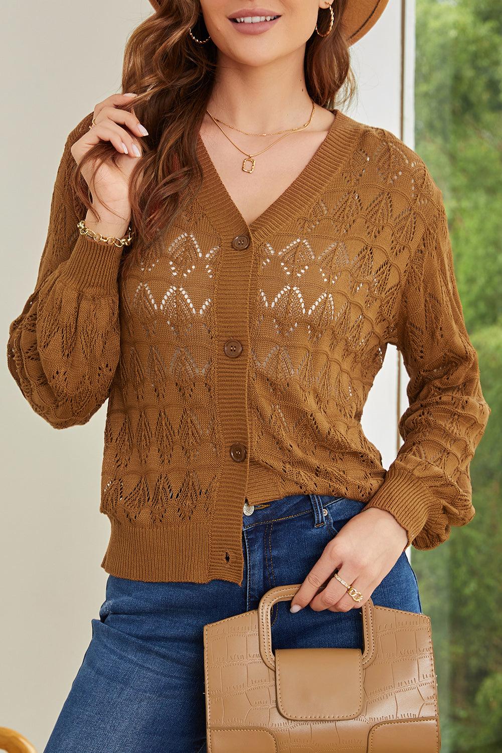 Openwork V-Neck Cardigan Carauana Store