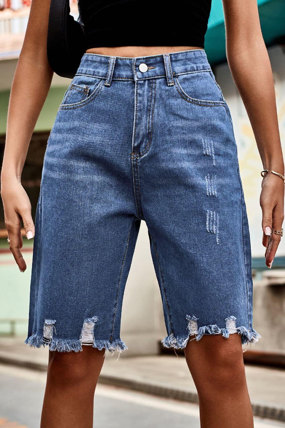 Raw Hem High Waist Denim Shorts with Pockets Carauana Store