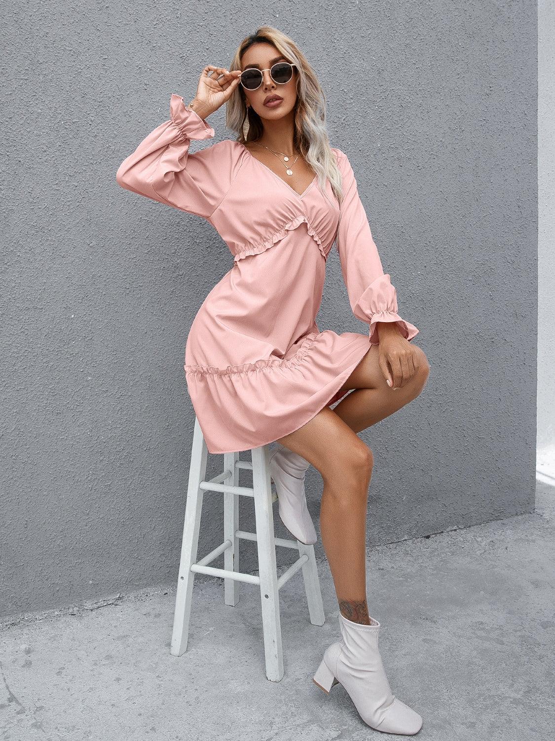 Frill V-Neck Flounce Sleeve Ruffle Hem Dress Carauana Store