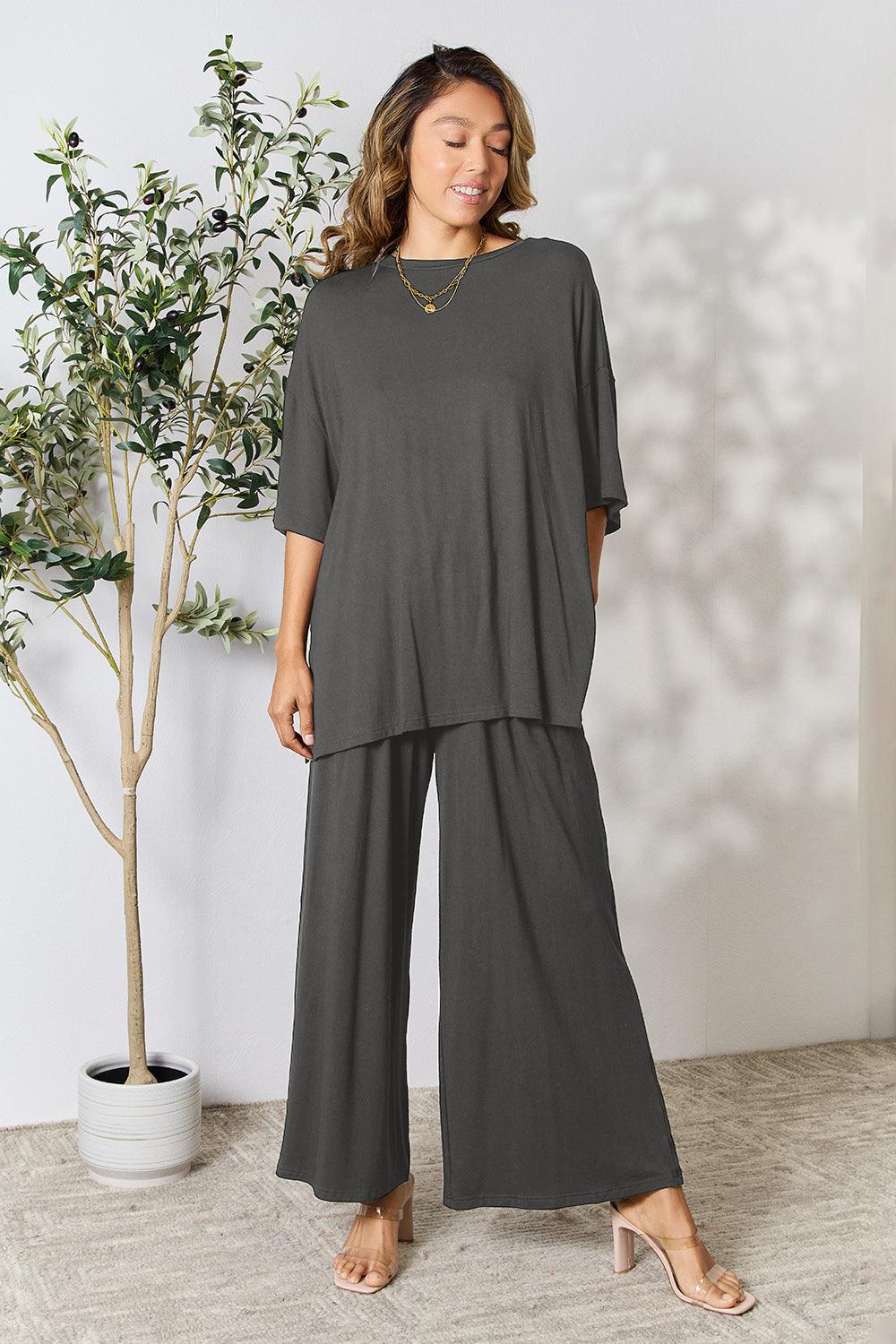 Double Take Full Size Round Neck Slit Top and Pants Set Carauana Store