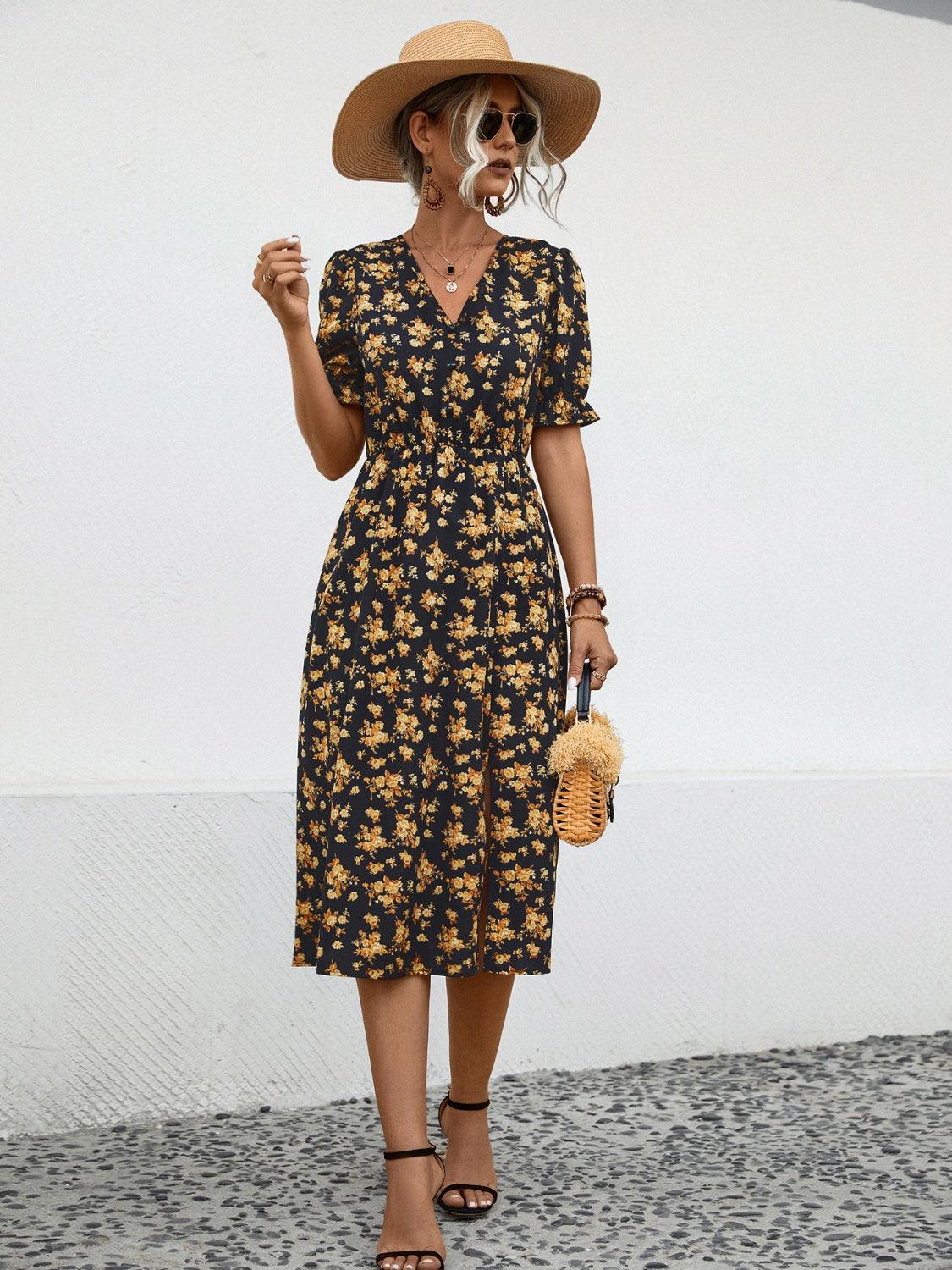 Slit Printed V-Neck Short Sleeve Dress Carauana Store