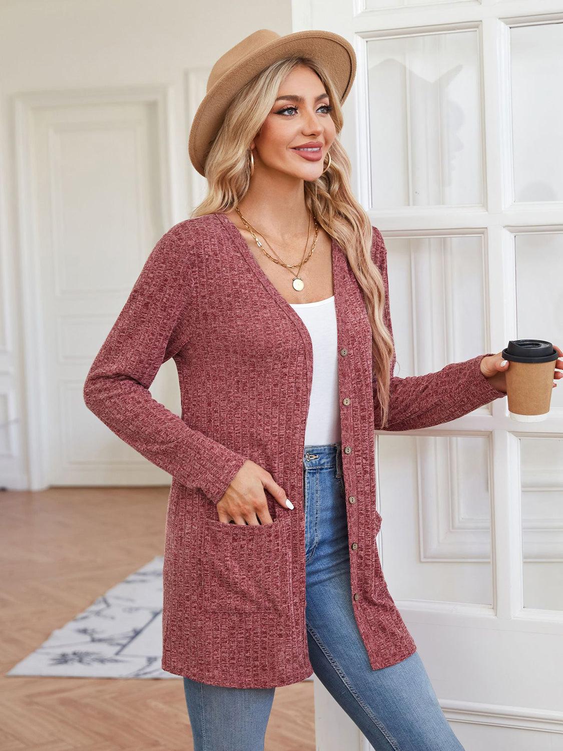 Ribbed Button Up Cardigan with Pockets Carauana Store