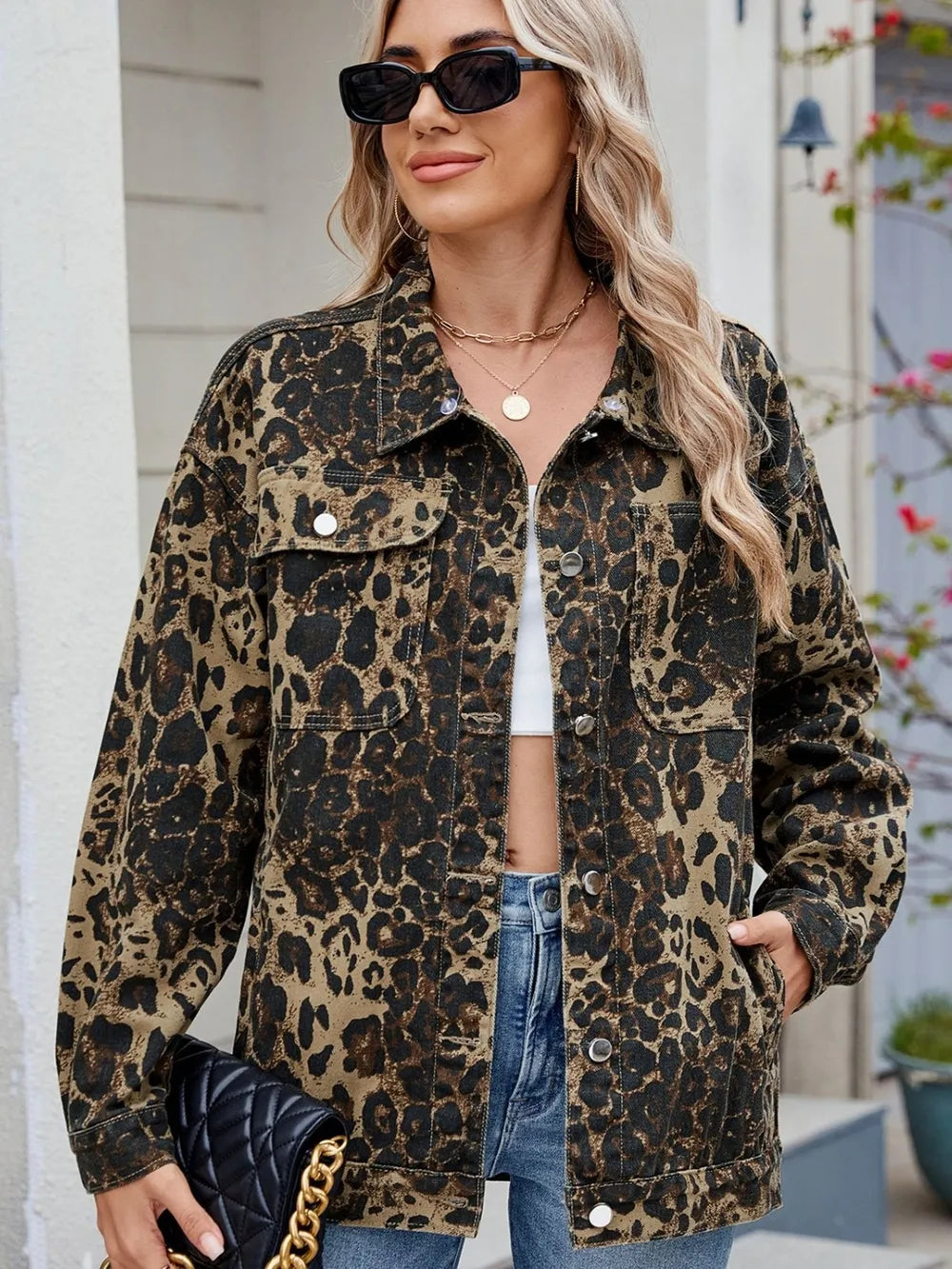 Pocketed Leopard Long Sleeve Denim Jacket Carauana Store